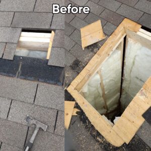 Before and after image of a broken roof