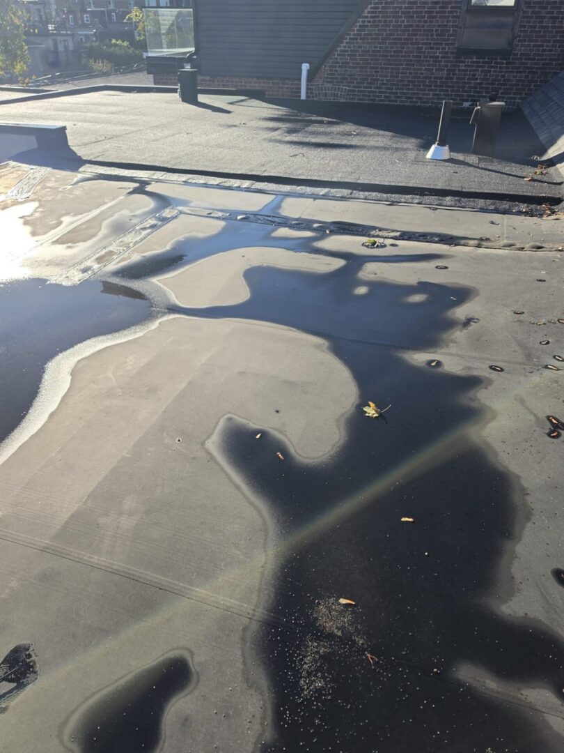 Flat roof with ponding water damage